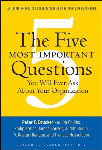 INSPIRING FOR 
The Five 
MOSTmv1PORTANT 
Questions 
You Will Ever Ask 
About Your Organization 
Peter F. Drucker with Jim Collins, 
Philip Kotler. James Kouzes, Judith Rodin, 
V. Kasturi Rangan, and Frances Hesselbein 
LEADER 'O LEA O E R 