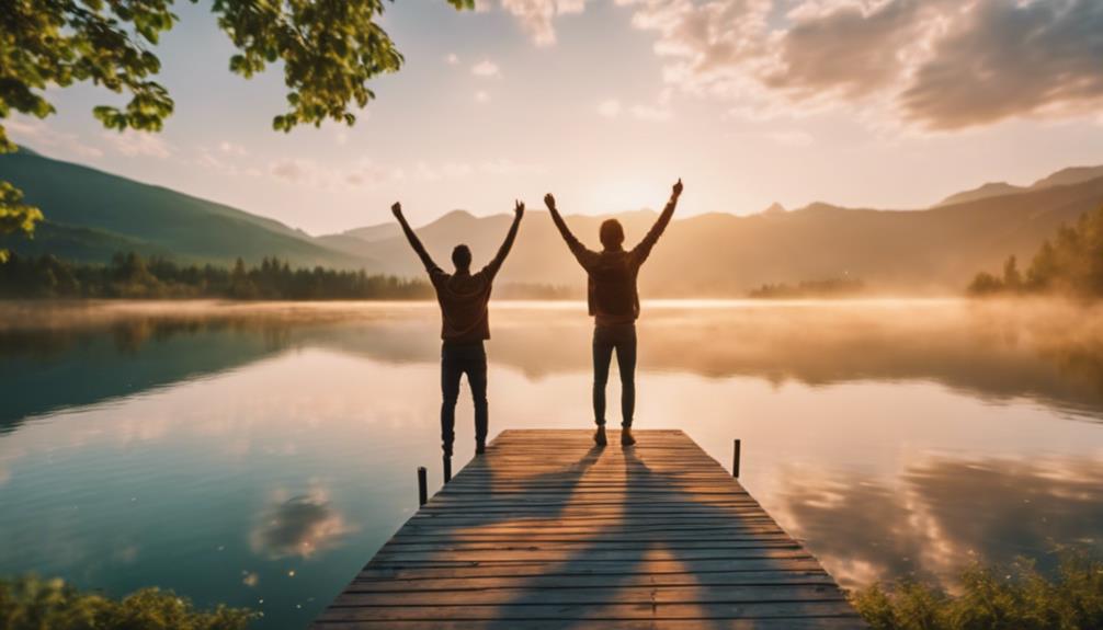 two people standing on a dock with their arms raised