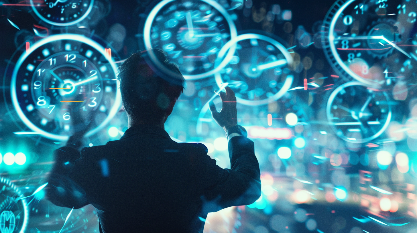 a man touching a screen with many clocks