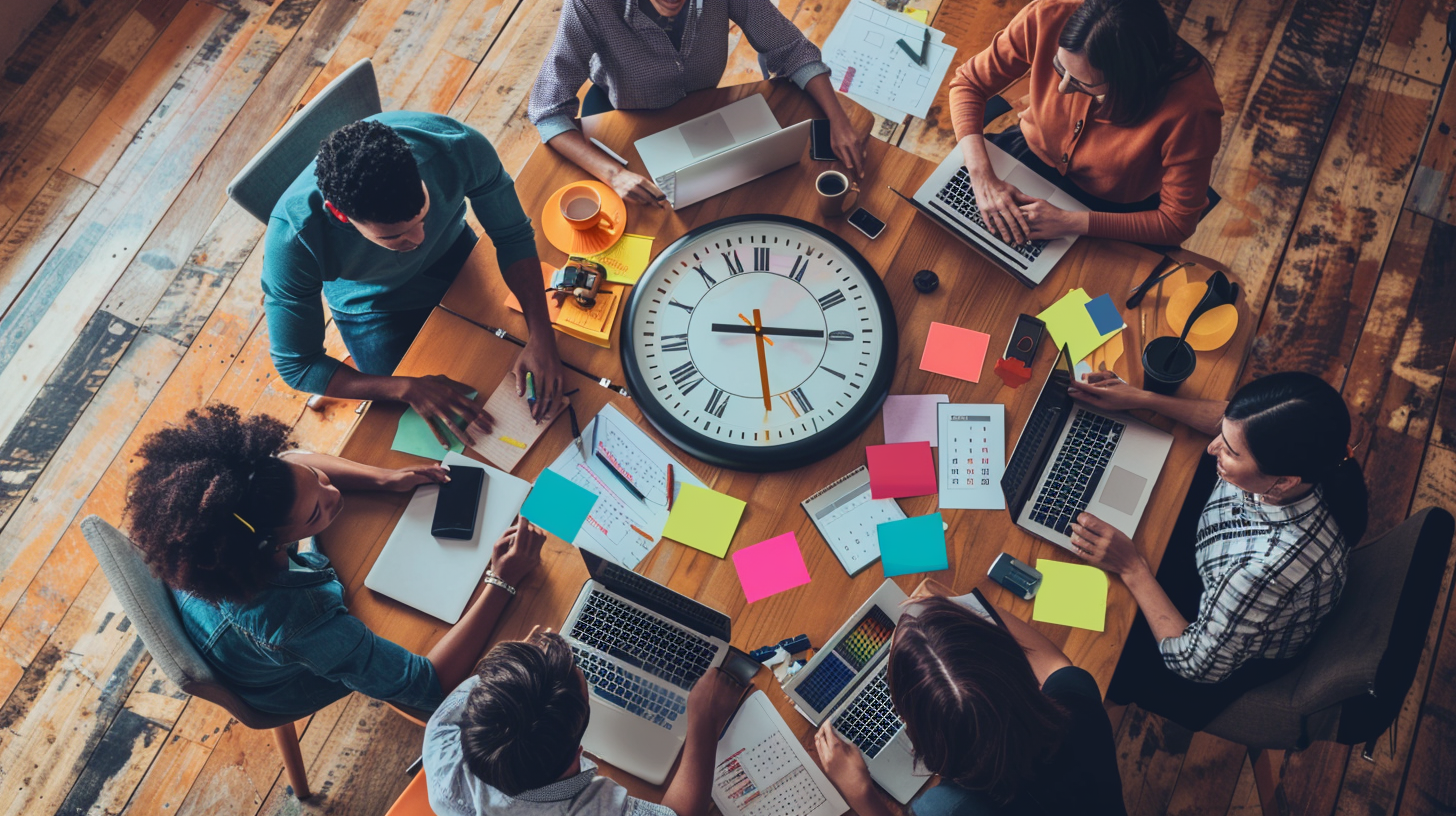 a group of people around a table with a clock