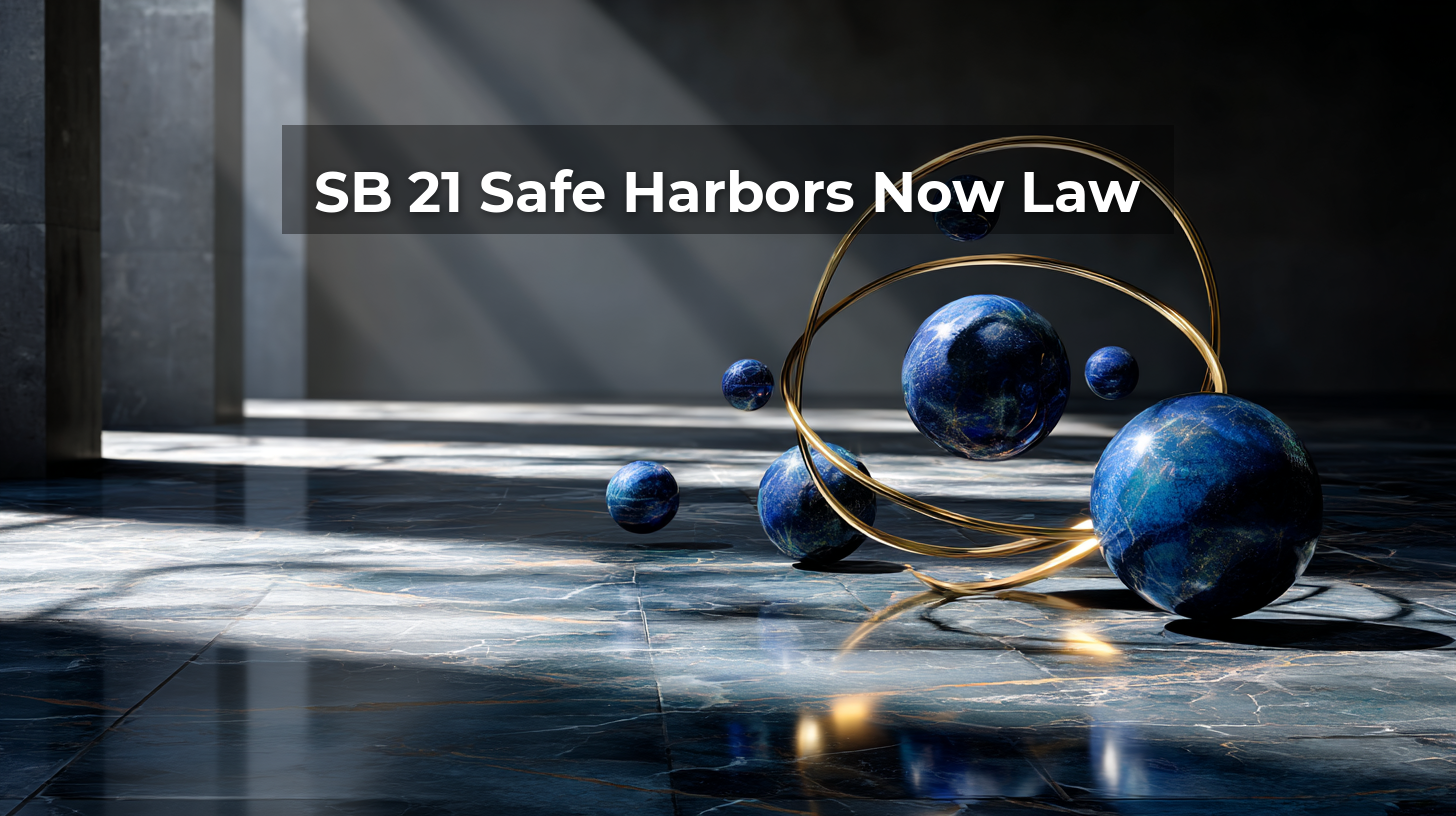 Cobalt blue spheres orbiting a gold ring in an architectural space. (SB 21 Safe Harbors Now Law).