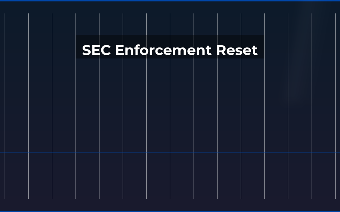 A deep navy gradient boardroom background with institutional grid lines and cobalt accent. (SEC Enforcement Reset)