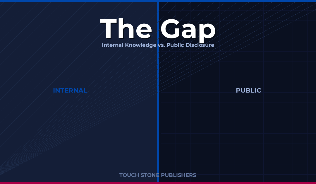 Two panels divided by a cobalt line representing the gap between internal corporate knowledge and public SEC disclosure — the new enforcement template from SEC Speaks 2026