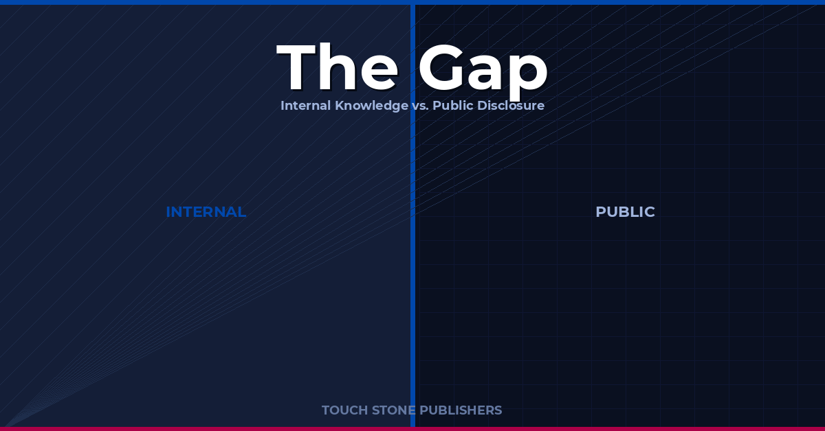 OFFICIAL STRATEGIC PORTAL 2026 1 Two panels divided by a cobalt line representing the gap between internal corporate knowledge and public SEC disclosure — the new enforcement template from SEC Speaks 2026