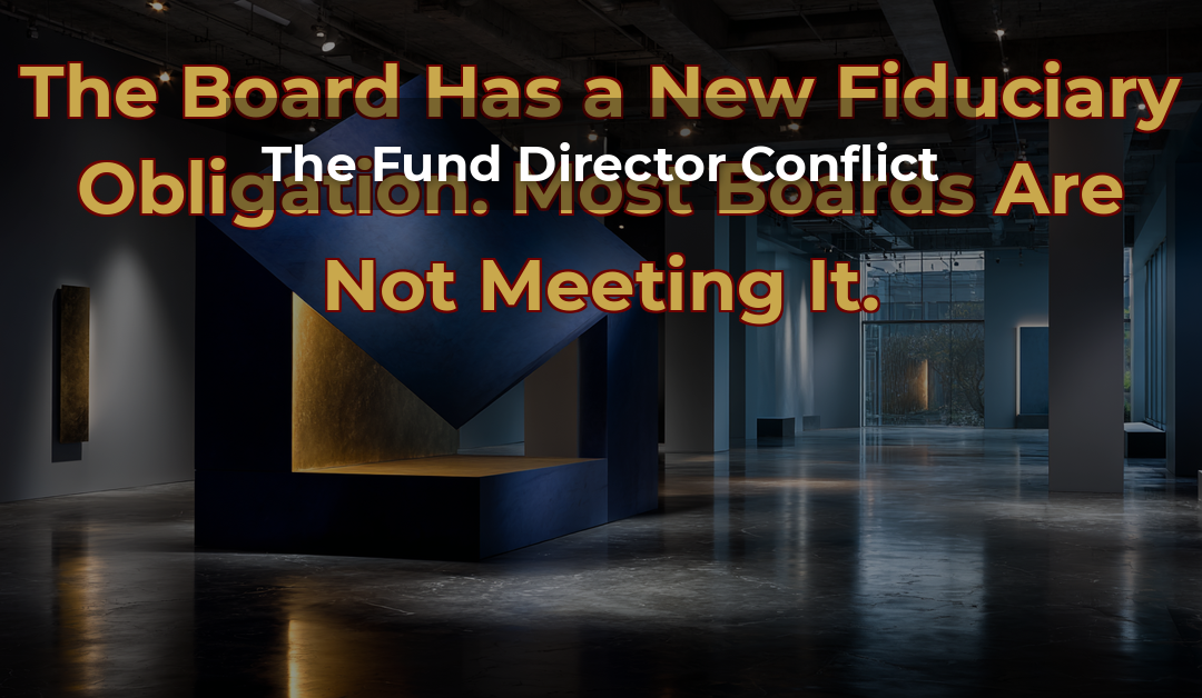 A corporate boardroom viewed from above with institutional investor documents on the table. (The Fund Director Conflict)