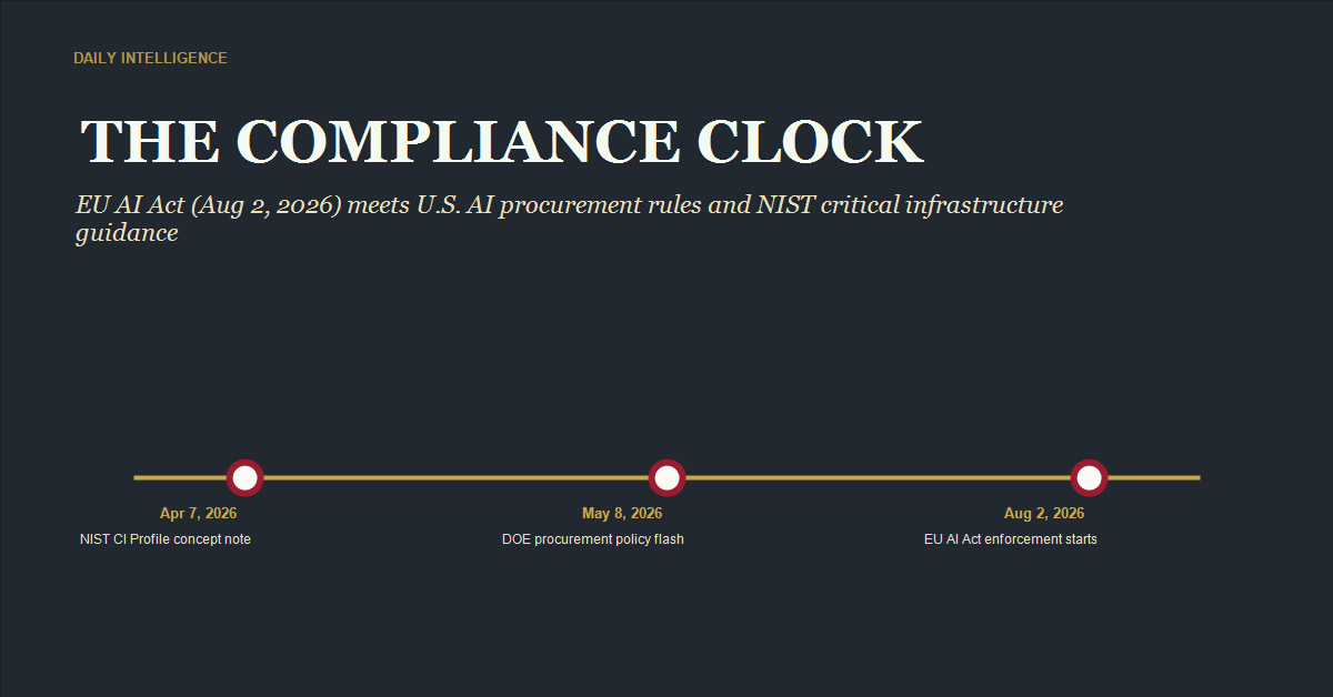 OFFICIAL STRATEGIC PORTAL 2026 4 Timeline-style featured image showing three AI governance dates: Apr 7 2026 NIST concept note, May 8 2026 DOE procurement policy flash, Aug 2 2026 EU AI Act enforcement starts.