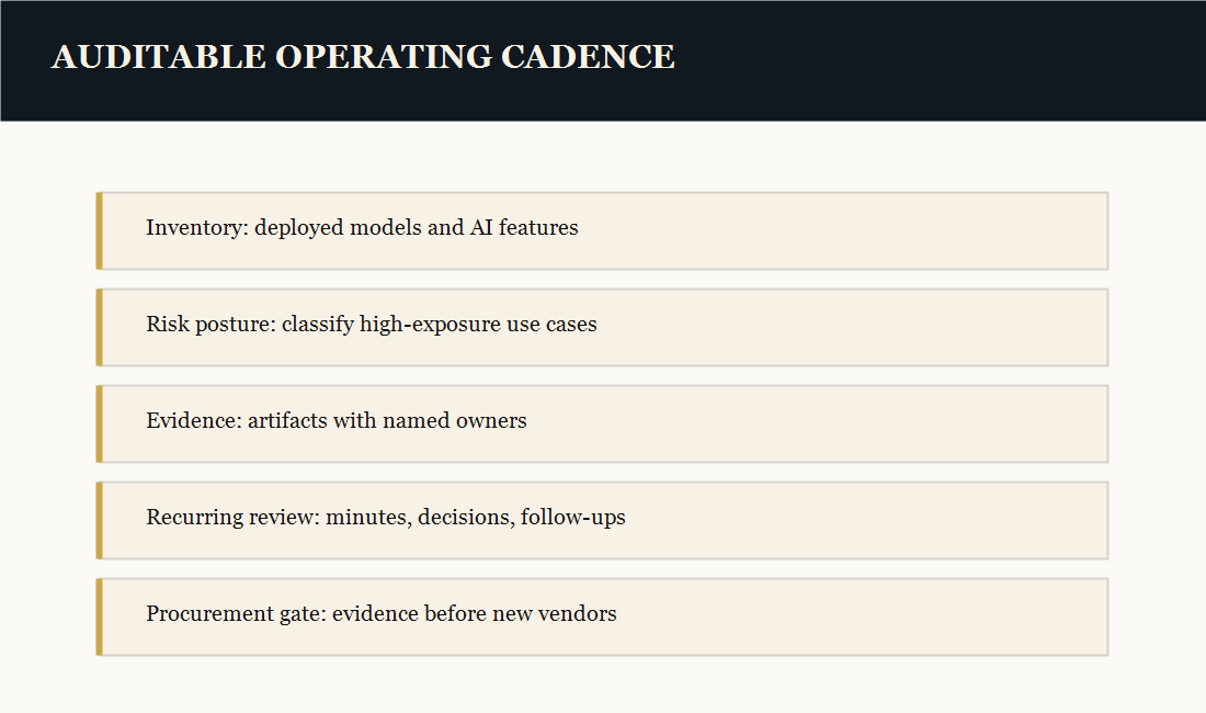 The Compliance Clock 4 Operating cadence diagram listing five recurring rituals: inventory, risk classification, evidence artifacts, recurring review, and procurement gate.