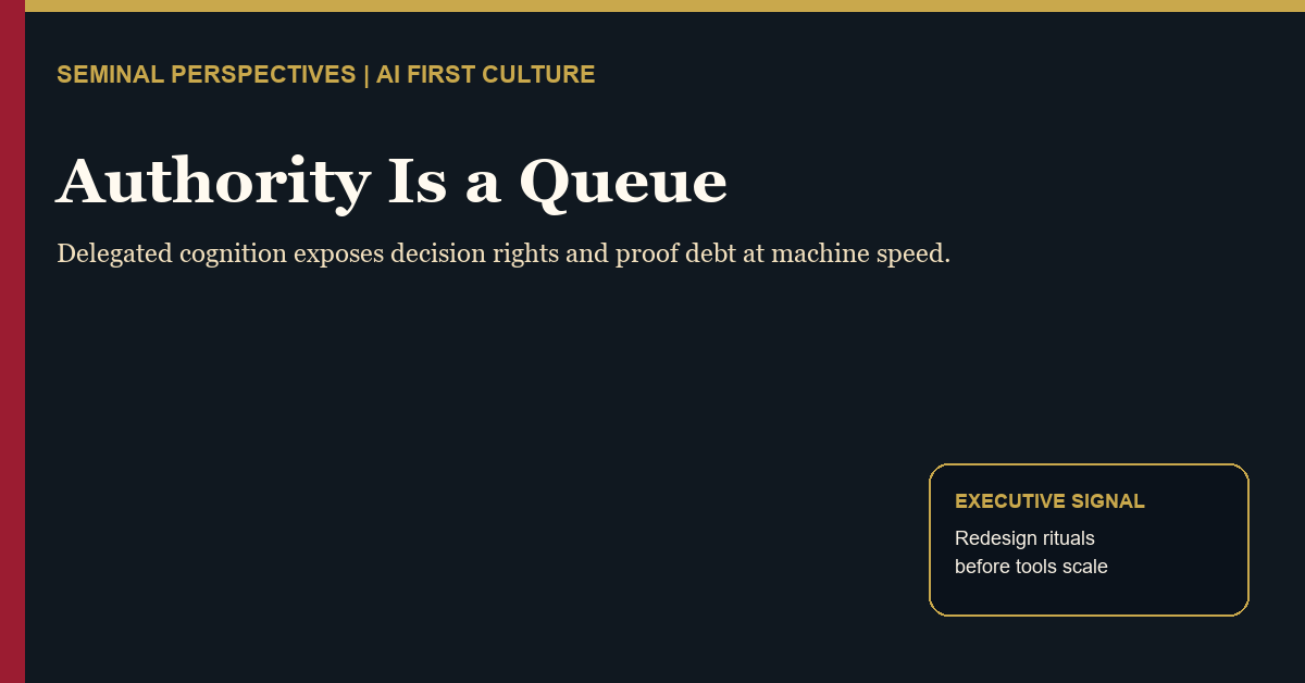 Featured image: Authority Is a Queue. Delegated cognition exposes decision rights and proof debt at machine speed.