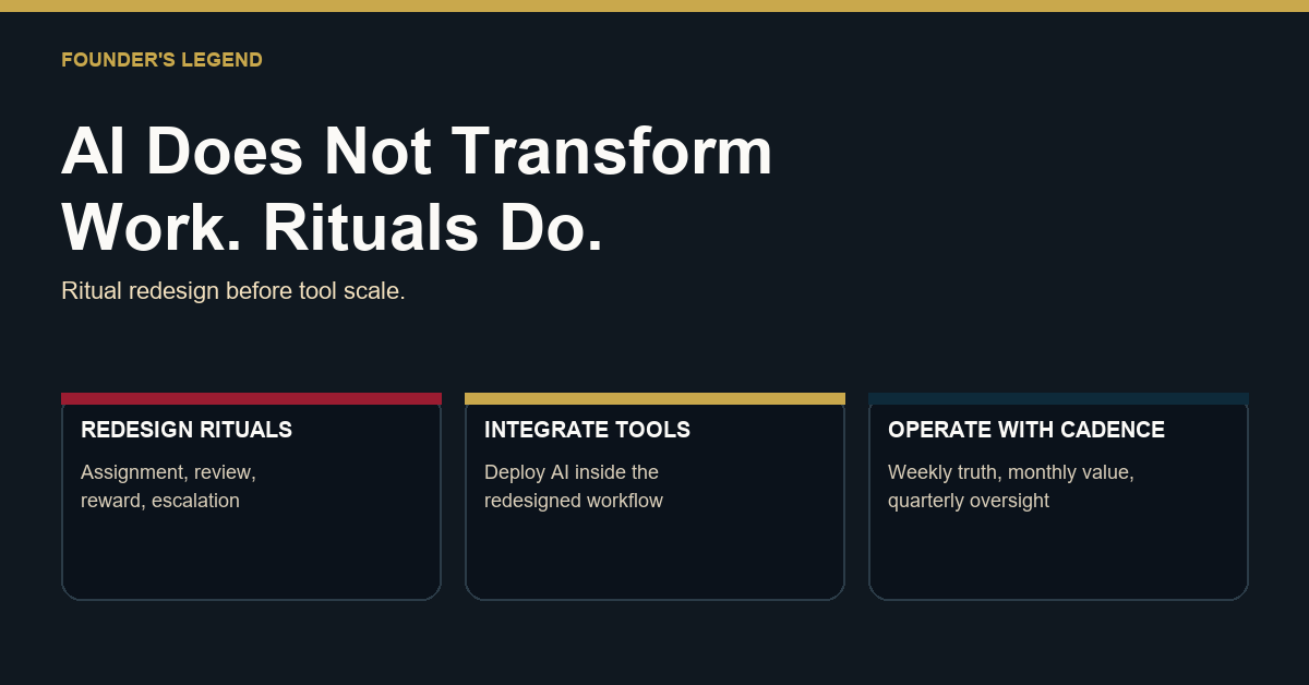 A Founder's Legend featured image stating: AI does not transform work. Rituals do. Three tiles: redesign rituals, integrate tools, operate with cadence.