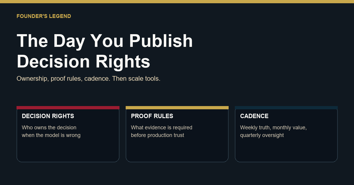 A decision rights panel showing the three governance moves required before scaling AI: decision rights, proof rules, and operating cadence.