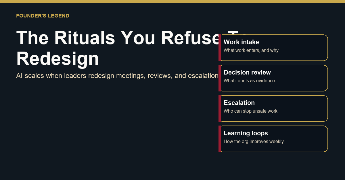 A ritual redesign ladder showing four leadership rituals to redesign before scaling AI: work intake, decision review, escalation, and learning loops.