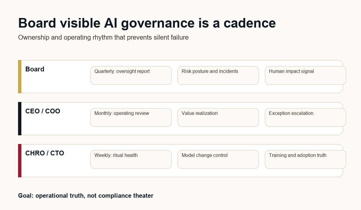 Governance map showing board oversight, executive ownership, and operating cadence for AI risk, value, and human impact.