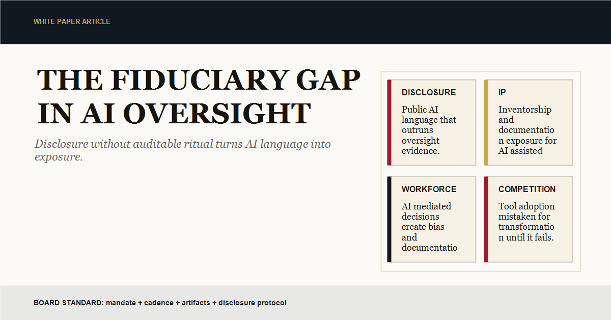 OFFICIAL STRATEGIC PORTAL 2026 2 White Paper Article featured visual: The Fiduciary Gap In AI Oversight, showing a board-level governance file metaphor and the claim that disclosure without ritual creates exposure.