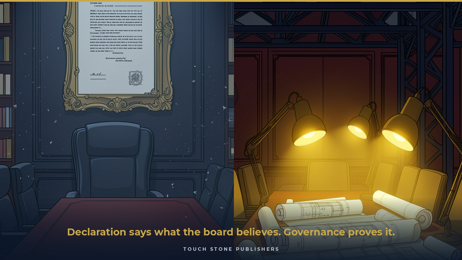 Split boardroom scene: on the left a gilt-framed policy document gathers dust above an empty chairman's chair in cold blue light; on the right the same boardroom under construction, blueprints worked under warm gold lamps. The board that declared versus the board that built. Declaration says what the board believes. Governance proves it.