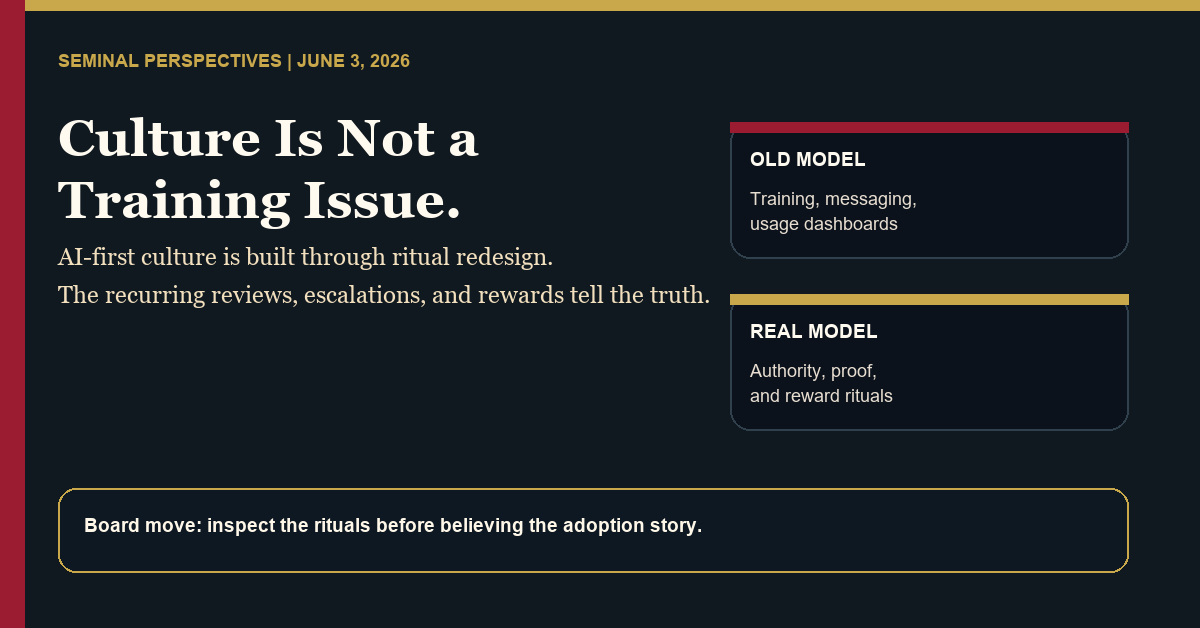 Featured image for a Seminal Perspectives article stating that culture is not a training issue and that AI-first culture is built through ritual redesign.