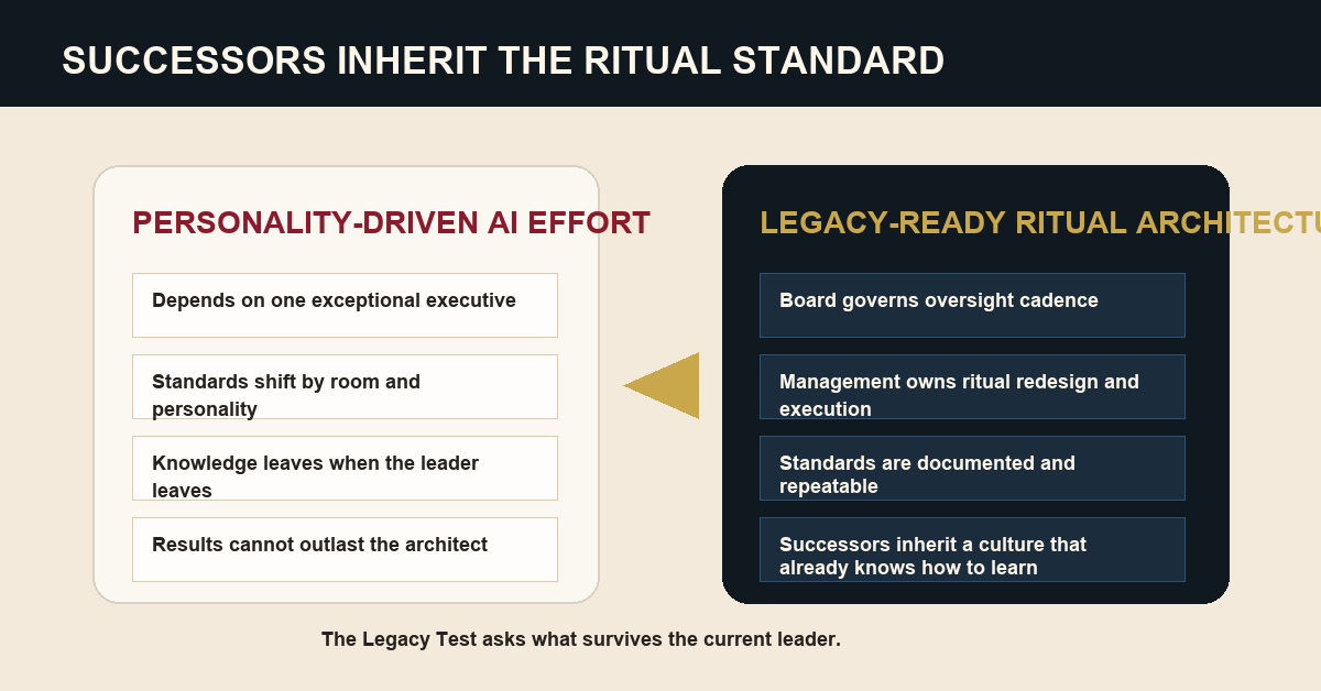 AI-First Culture Does Not Begin With a Tool. It Begins With the Leader Who Rewrites the Ritual. 4 Legacy comparison showing personality-driven AI effort on one side and successor-ready ritual architecture on the other.