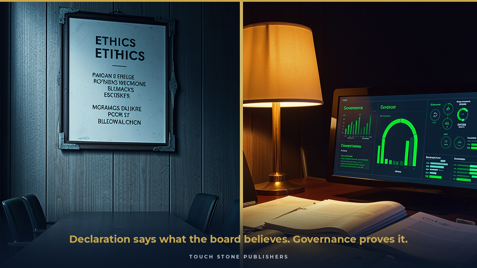 Two boardrooms divided by a gold line: the left holds a dusty framed ethics policy on an empty wall in an empty room; the right shows executives actively working by lamplight with open governance binders and a live verification dashboard. Declaration says what the board believes. Governance proves it.