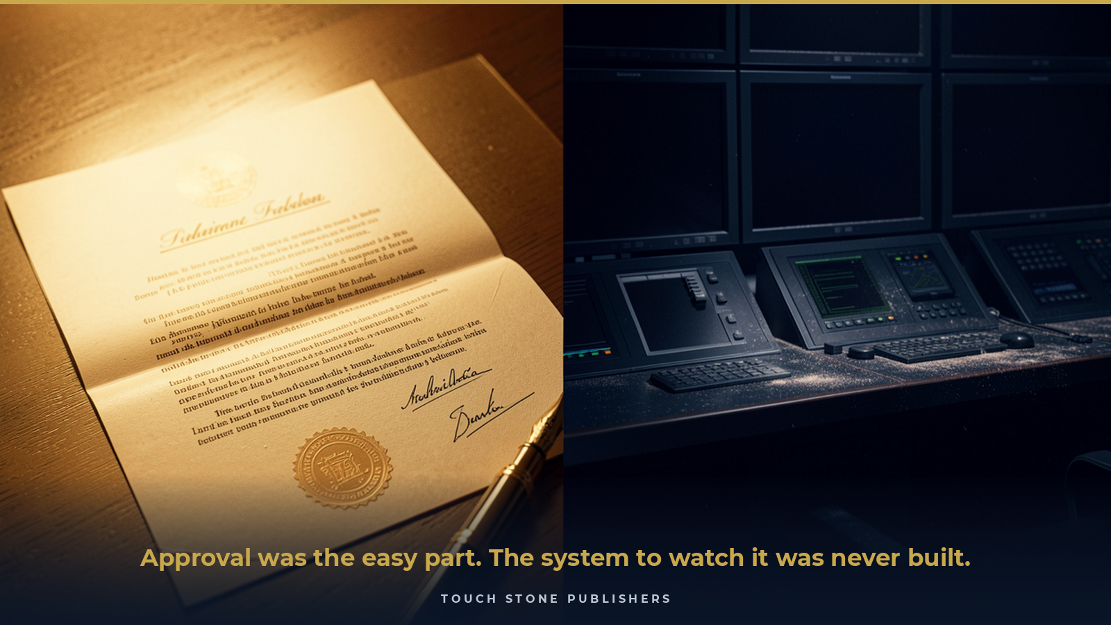 The Board Approved the AI Mandate. It Did Not Build the System to Watch It. 1 A split boardroom: on the left a signed and embossed AI mandate approval under warm light, on the right a dark, dusty, powered-off monitoring desk. The board approved the mandate but never built the oversight system to watch it, and Delaware, the EU AI Act, and Glass Lewis now read that gap as the fiduciary failure.