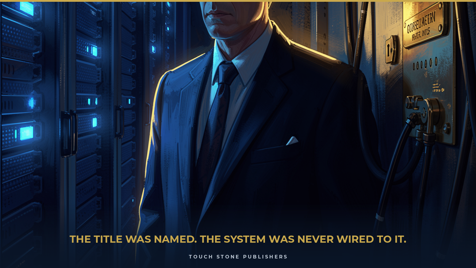 A named executive stands in a server room where the cables route around, not through, the locked control panel bearing his own nameplate: the argument that declaring an owner means nothing until the system is actually wired to obey them.