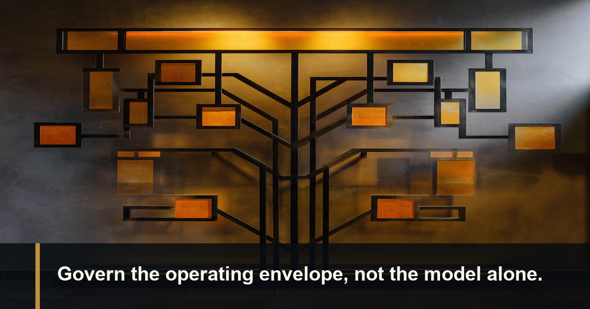 A branching infrastructure system representing the regulated AI operating envelope