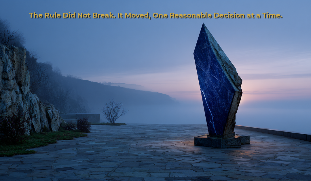 The Law of the Moving Line featured image, a navy monolith drifting slightly out of position at dusk