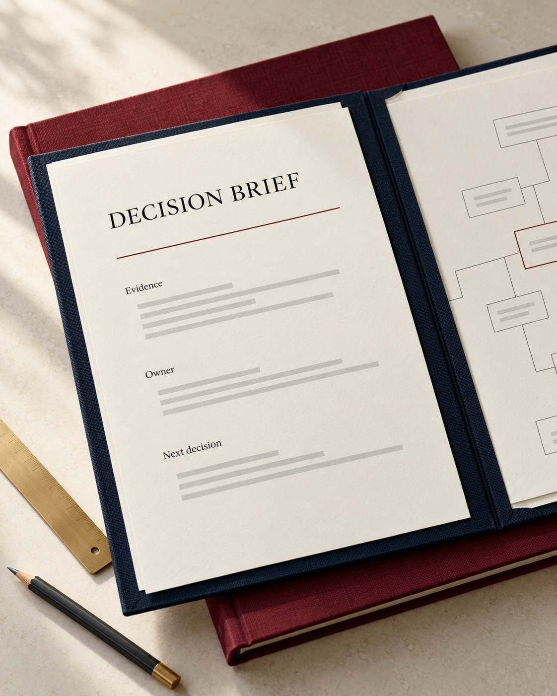 Illustration of a navy and oxblood paper folio containing a sample decision brief and evidence map. No client record or measured result is shown.