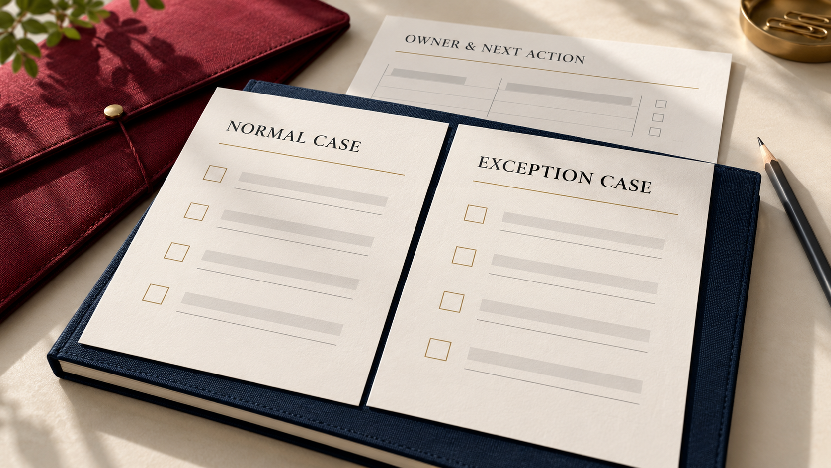 Illustration of blank normal-case and exception-case testing cards beside an owner and next-action sheet. The cards show no completed test or claimed result.